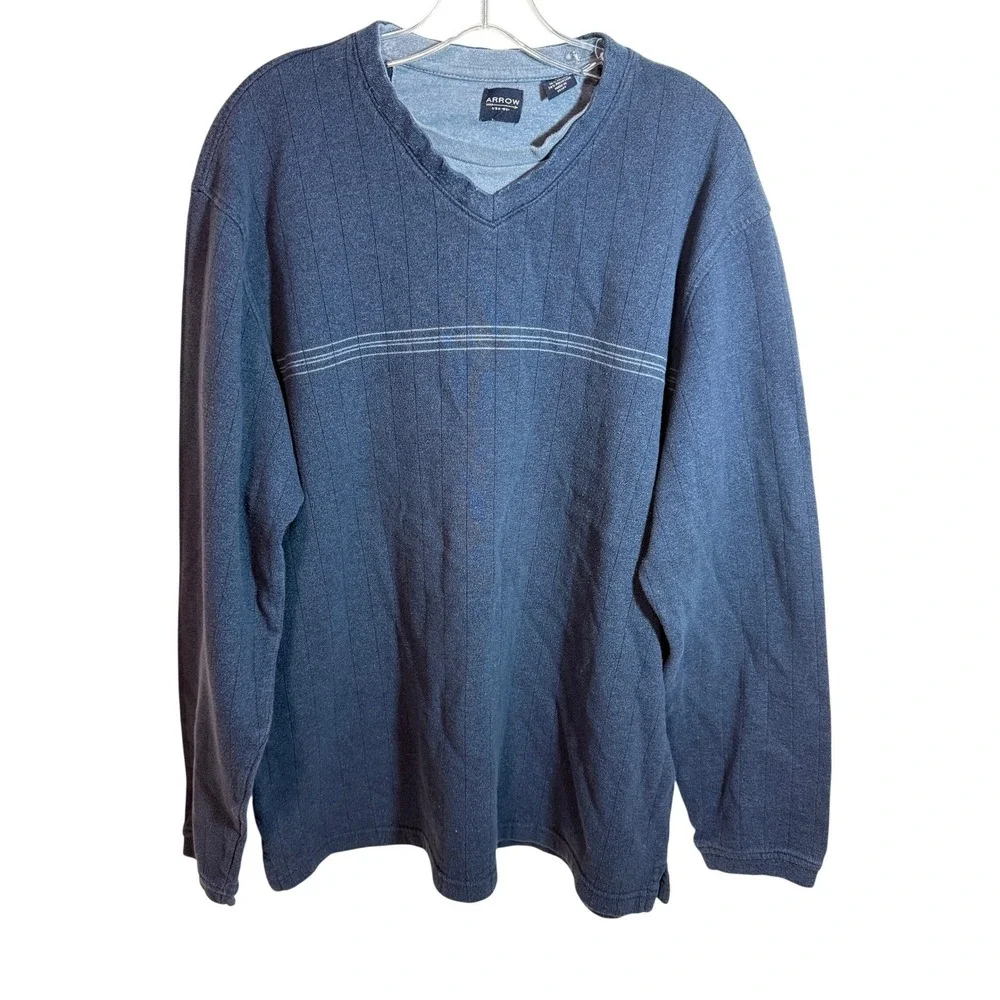 Arrow Men's V-Neck Long Sleeve Textured Knit Sweater XL Blue Cotton Blend‎